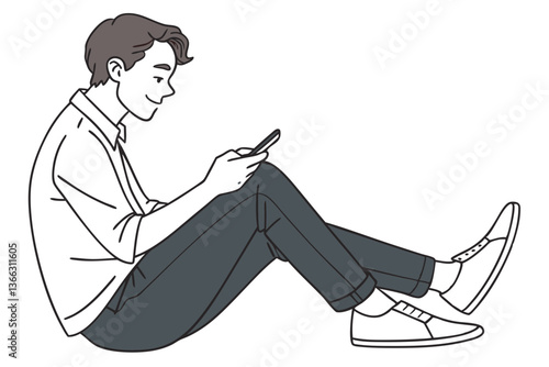 Young Man Sitting on Floor with Smartphone