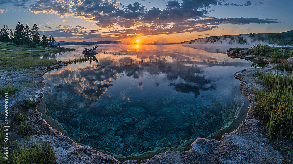 Naklejka premium Yellowstone Lake hot springs geothermal pool reflect golden sky during sunrise colorful steam rises rocky terrain wide angle natural wonder outdoor landscape USA national park thermal earth energy