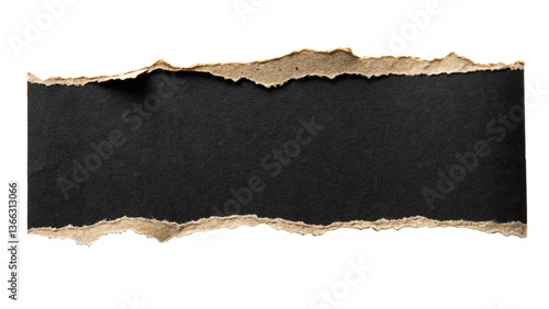 torn dark paper strip with rough edges on white backdrop isolated on white background.