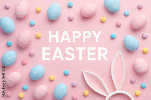 Pastel Easter Background with Blue and Pink Eggs, Colorful Candy, and Bunny Ears on a Soft Pink Surface, Festive and Playful Holiday Design for Celebrations and Greetings