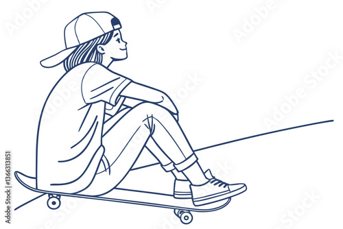 Chic Young Woman Sitting on Skateboard - Vector Design