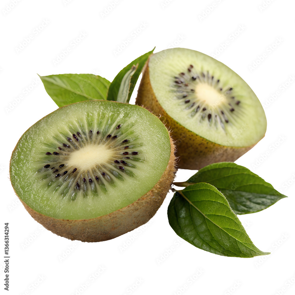 Fototapeta premium fresh ripe kiwi fruit cut in half with green leaves isolated on transparent background, juicy tropical fruit with vibrant green flesh