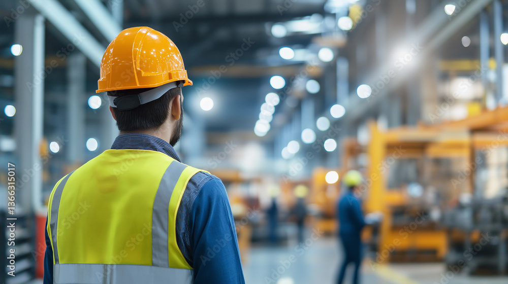A man in a hard hat and reflective vest is observing the industrial workspace in a factory or warehouse. A man in a hard hat and reflective vest is observing the industrial workspace in a factory or warehouse.