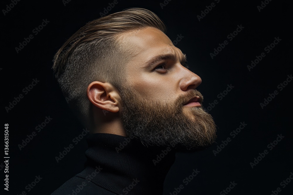 A profile portrait of a young man with a well-groomed beard and stylish haircut, set against a dark background A profile portrait of a young man with a well-groomed beard and stylish haircut, set against a dark background