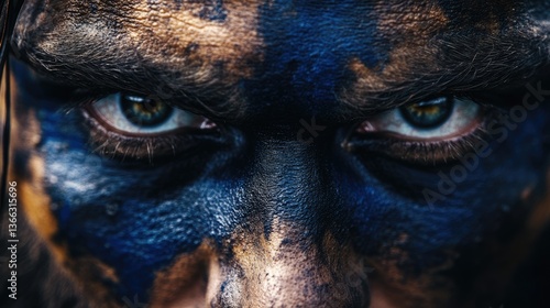 Celtic Warrior Ready for Battle in Ancient Britain with Woad Face Paint and Intense Stare