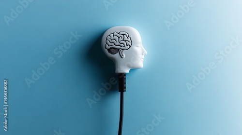 Wallpaper Mural A sleek and futuristic concept showing a white minimalist human head design with a brain-shaped plug, symbolizing the fusion of technology and creativity, set on a clean blue backdrop.. AI Generation Torontodigital.ca
