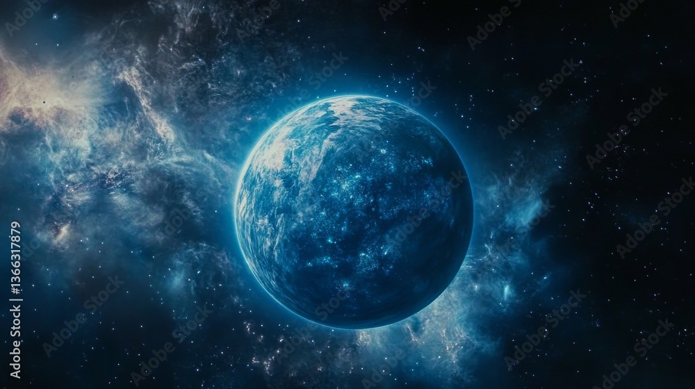 Obraz premium A vibrant depiction of a glowing blue planet surrounded by shimmering cosmic light and stars. This ethereal scene highlights the beauty and mystery of the galaxy.. AI Generation