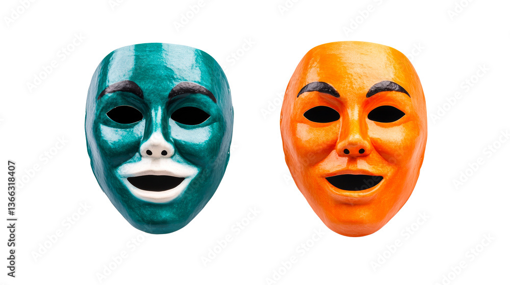 Two theatrical masks, different colors, expressing emotions, cut out transparent Two theatrical masks, different colors, expressing emotions, cut out transparent