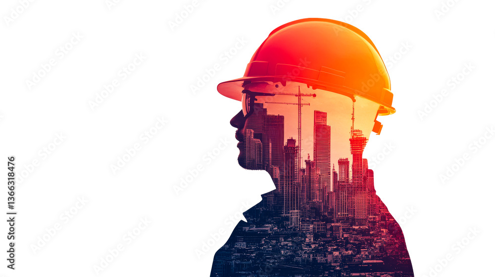 Silhouette of engineer with cityscape inside, cut out transparent Silhouette of engineer with cityscape inside, cut out transparent