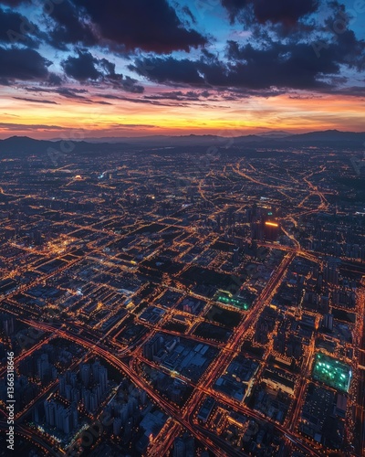 Aerial cityscape at dusk with illuminated streets and dramatic sunset sky