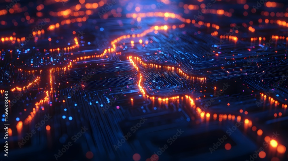 Fototapeta premium Intricate computer circuit board with glowing lines and dots, symbolizing data transfer and technological advancement