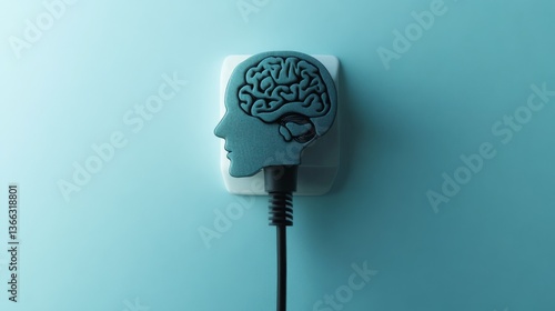A symbolic representation of artificial intelligence featuring a plug connected to a human brain design, presented on a modern turquoise wall for a sleek and innovative look.. AI Generation