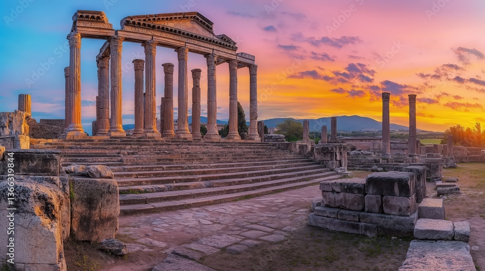 Fototapeta premium Ancient ruins with tall columns and stone steps under vibrant sunset sky