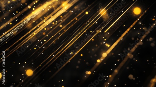 Abstract golden light trails streaking diagonally across a black background, creating a vibrant and dynamic composition perfect for celebrations or festive themes.. AI Generation