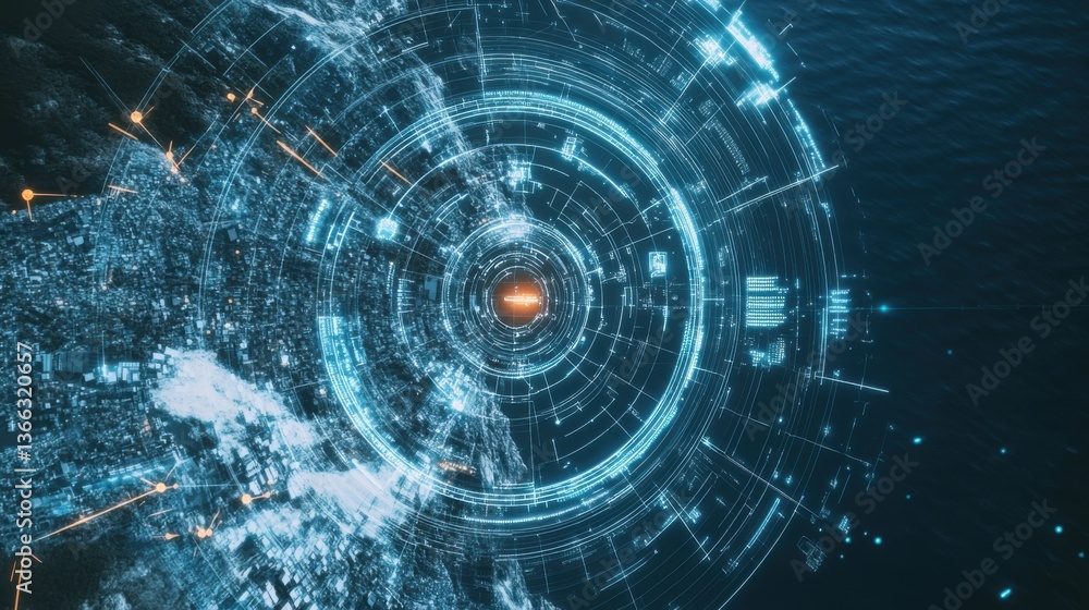 Fototapeta premium An AI powered system optimizing drone flight paths by analyzing real time environmental data, airspace traffic, and delivery schedules for efficient operations