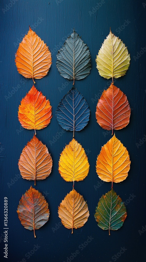 Autumn leaf collection in gradient colors on dark blue background Autumn leaf collection in gradient colors on dark blue background