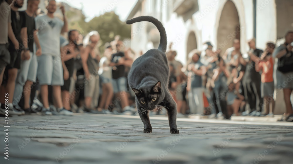 Fototapeta premium Black cat prowling on cobblestone street with spectators watching. Generative ai illustrations