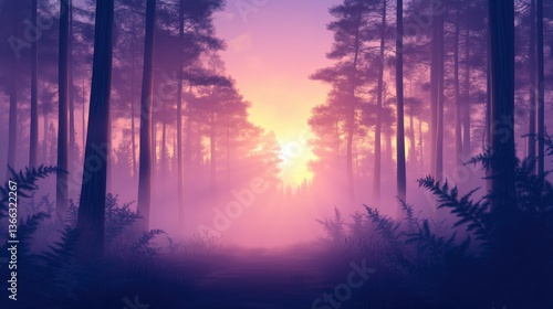 Whispers of Dawn: A tranquil forest path leads toward a soft, glowing sunrise, with towering trees on either side of the path. The mist creates an atmospheric and moody scene.