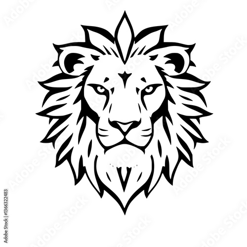 A stylized black and white head of a lion with a detailed mane, facing forward against a plain white background, rendered in an outline tattoo style.