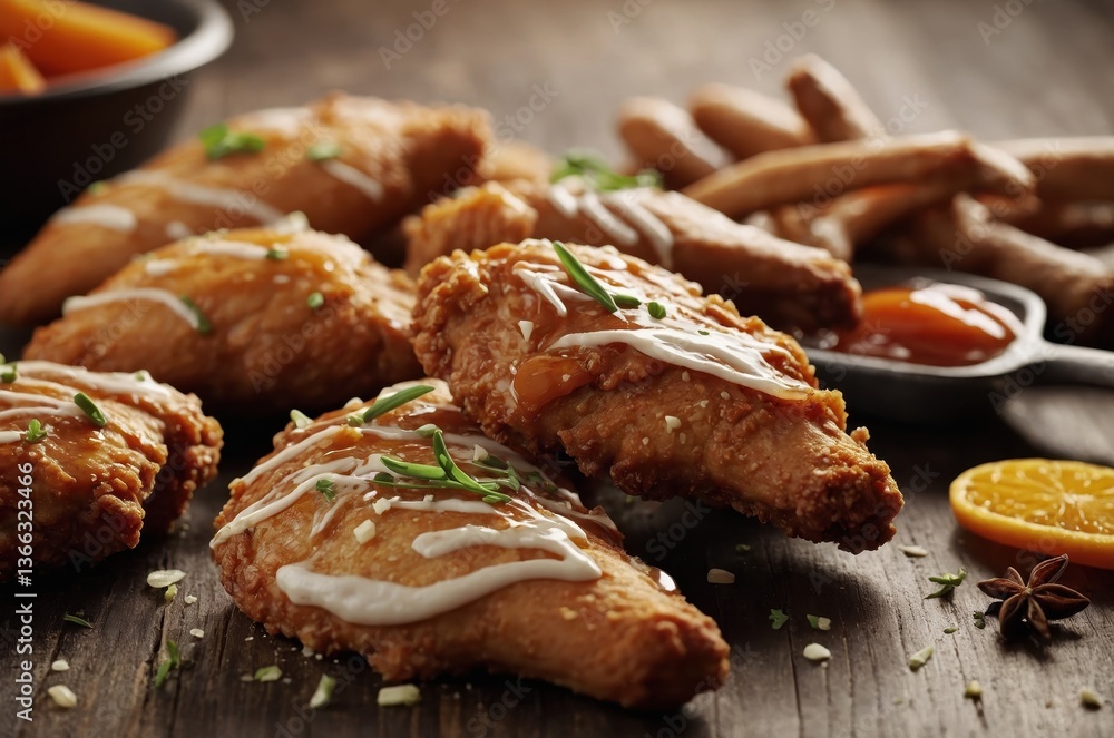 Crispy chicken wings, drizzled with sauce, on wooden table. Crispy chicken wings, drizzled with sauce, on wooden table.