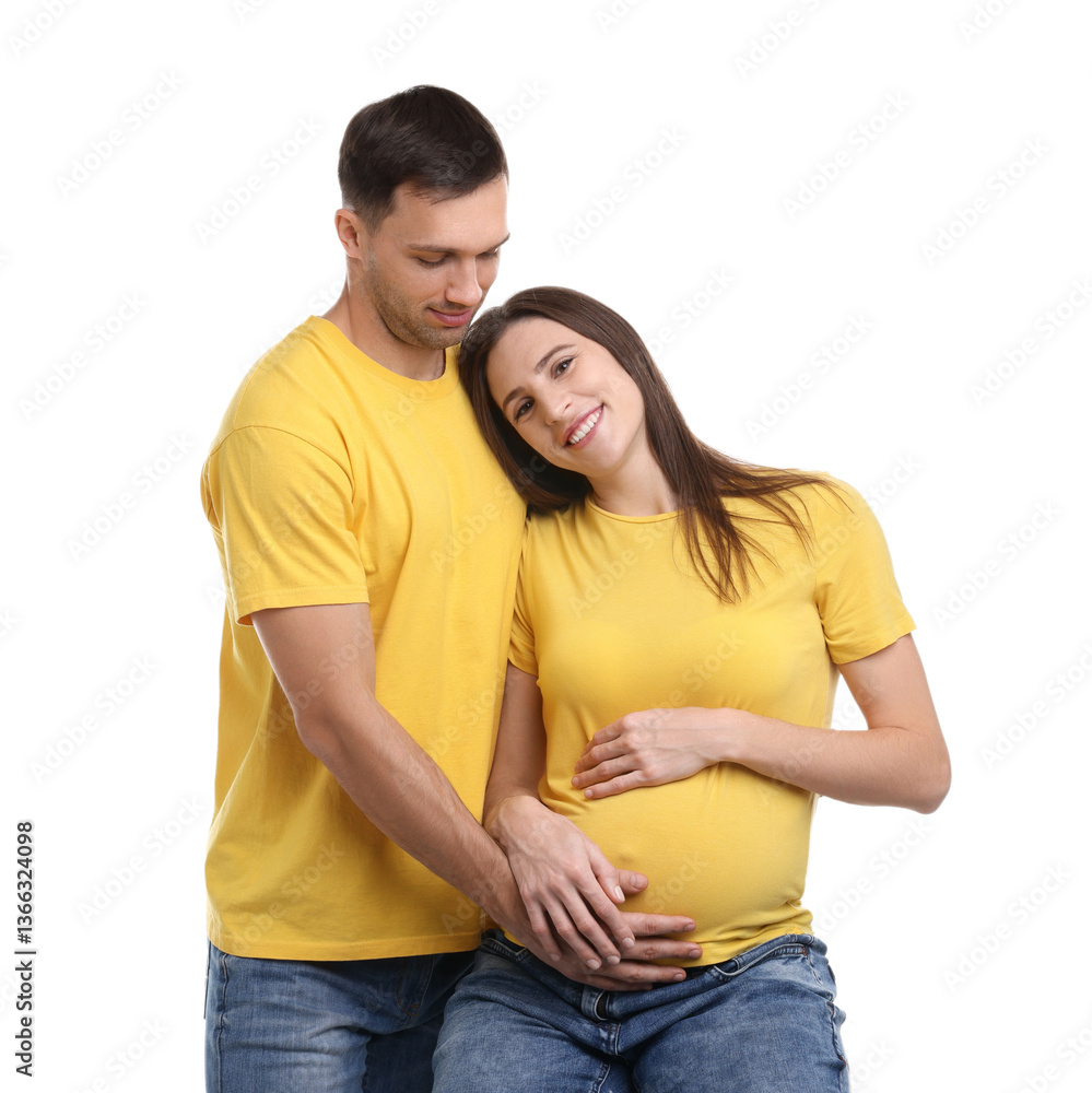 Pregnant woman and her husband on white background Pregnant woman and her husband on white background