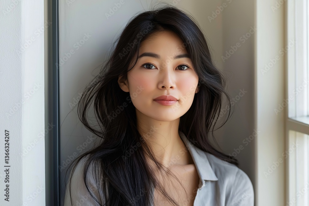 A minimalistic portrait of a Korean woman with long black hair, standing by a window with soft natural light illuminating her face A minimalistic portrait of a Korean woman with long black hair, standing by a window with soft natural light illuminating her face
