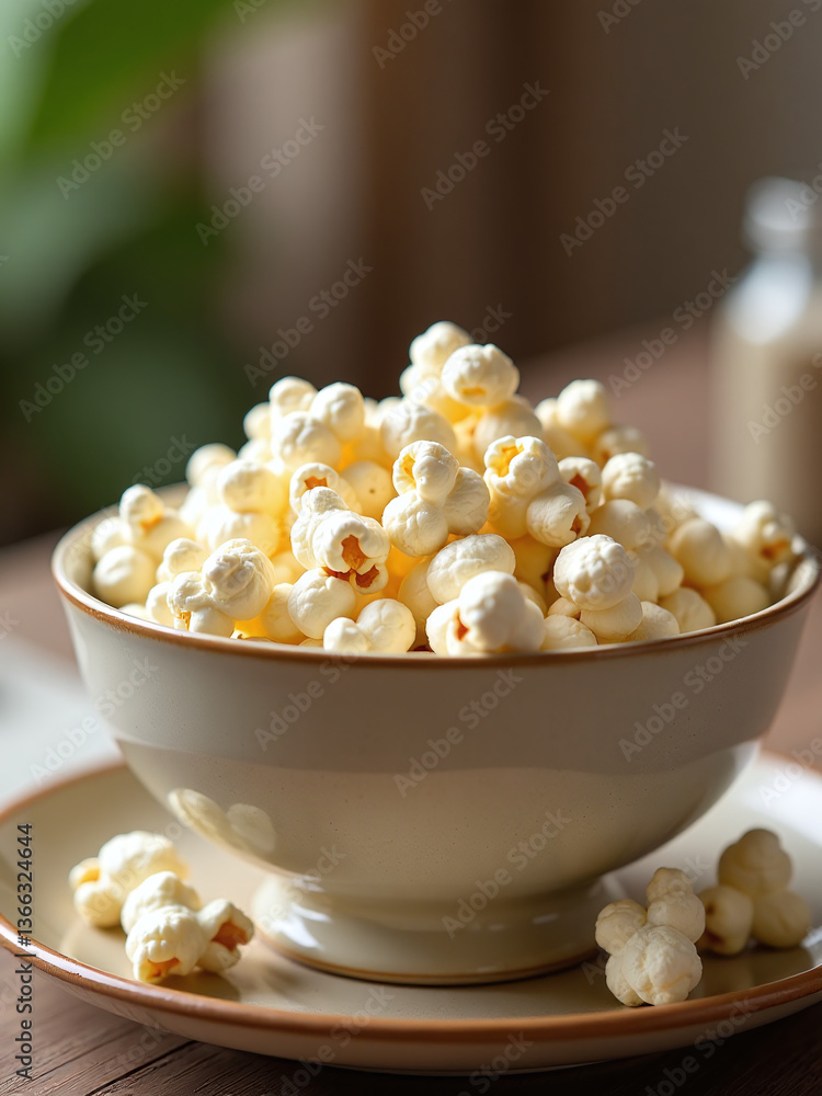 A Bowl Filled With Freshly Popped Popcorn Sits On A Decorative Ceramic Beige Table Centerpiece. A Bowl Filled With Freshly Popped Popcorn Sits On A Decorative Ceramic Beige Table Centerpiece.