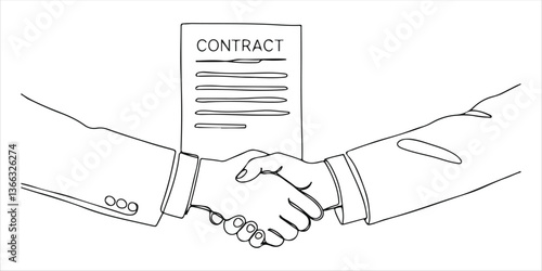 Handshake with contract continuous single line art drawing sketch on white background