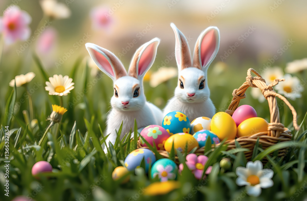 Fototapeta premium Charming Easter Scene with Two Lifelike Bunnies and Colorful Eggs