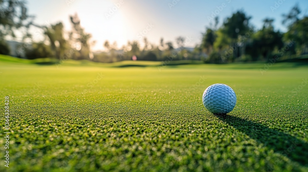 Golf Ball on a Lush Green Putting Green at Sunset Golf Ball on a Lush Green Putting Green at Sunset
