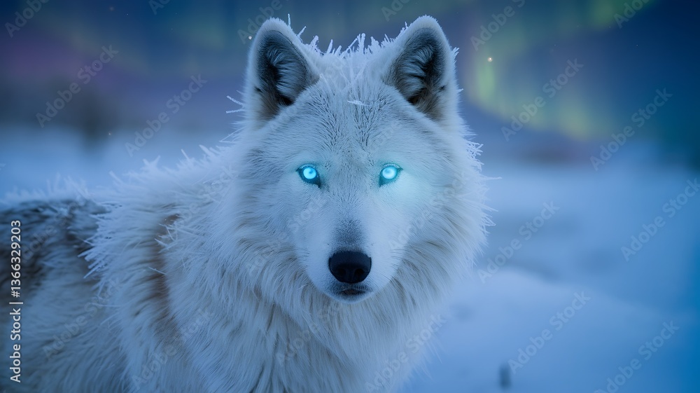 Obraz premium White Wolf with Frosted Fur and Glowing Blue Eyes in Arctic Scene