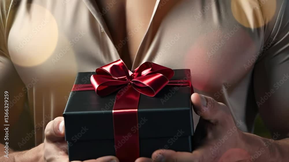 Refined Gesture: dashing man presents gift box, elegant moment, polished atmosphere, thoughtful offering, graceful act, festive occasion, sophisticated charm, meaningful surprise, timeless appeal. Refined Gesture: dashing man presents gift box, elegant moment, polished atmosphere, thoughtful offering, graceful act, festive occasion, sophisticated charm, meaningful surprise, timeless appeal.