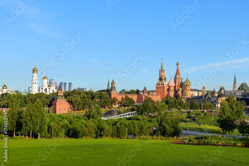 Green landscape of Zaryadye Park with a tranquil escape in the heart of Moscow, framed by the iconic Kremlin skyline and historic Red Square