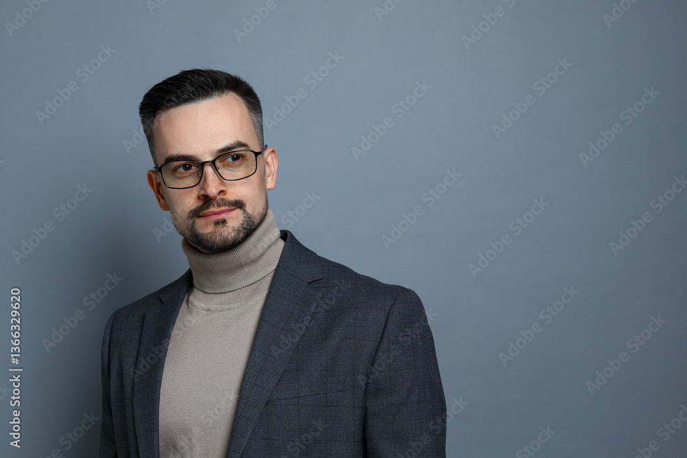 Obraz premium Portrait of handsome middle aged man on grey background, space for text