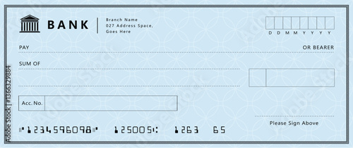 Blue Bank check, vector blank money cheque, checkbook template with guilloche pattern and fields. Currency payment coupon, money check background