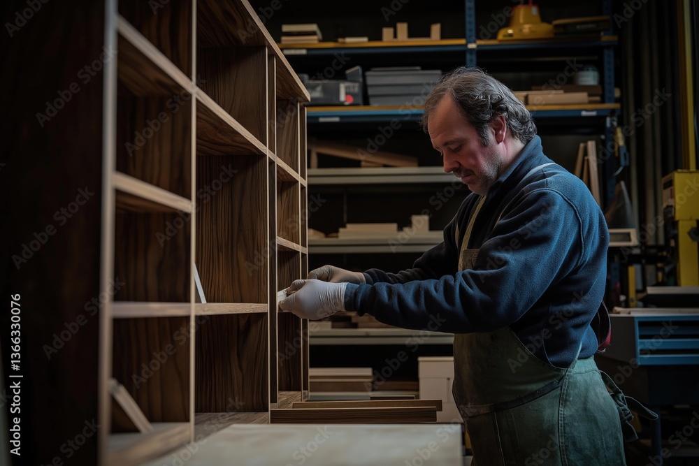 Craftsman assembling wooden bookshelf in workshop setting Craftsman assembling wooden bookshelf in workshop setting