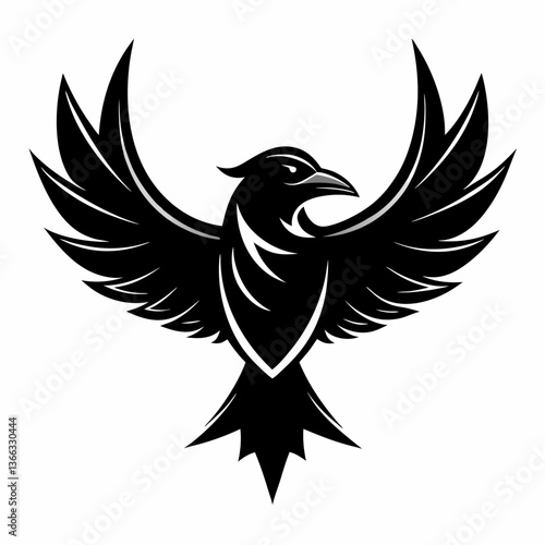 Striking Black Crow with Wings Spread, Vector Illustration for Emblem or Logo Design.