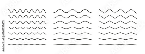 Wavy, curvy lines template. Simple undulate borders, transverse horizontal lines. Sine, fluid, air, wind signs pattern. Water, river, lake, sea, ocean symbol mockup. Outline minimalist black graphic.