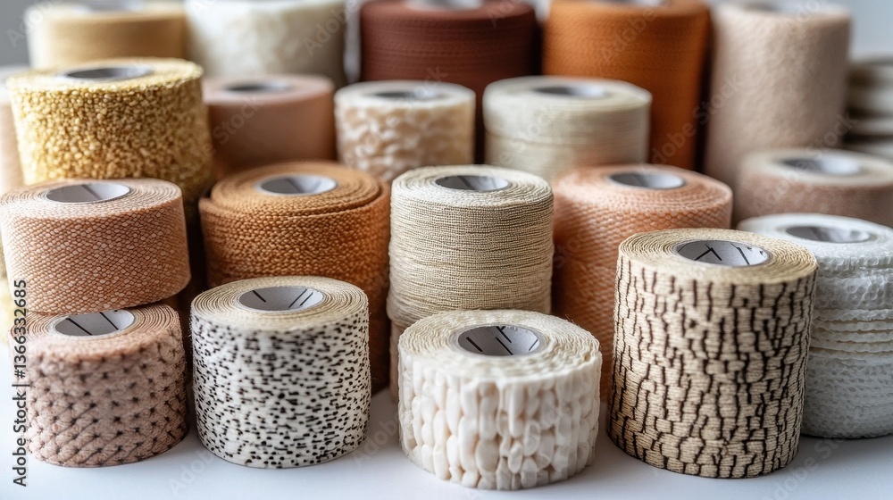 An arrangement of various textured rolls in shades of beige and brown. The image showcases intricate patterns and materials, emphasizing design elements. An arrangement of various textured rolls in shades of beige and brown. The image showcases intricate patterns and materials, emphasizing design elements.