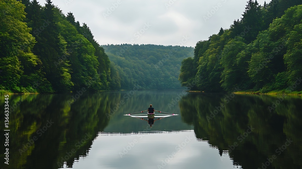 Fototapeta premium A lone rower skillfully rowing through a still lake, surrounded by peaceful nature.