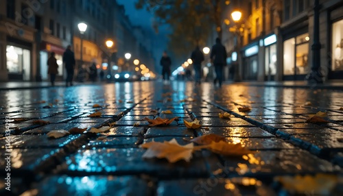 Wallpaper Mural Walking Wet City Street at Night with Fallen Autumn Leaves Torontodigital.ca