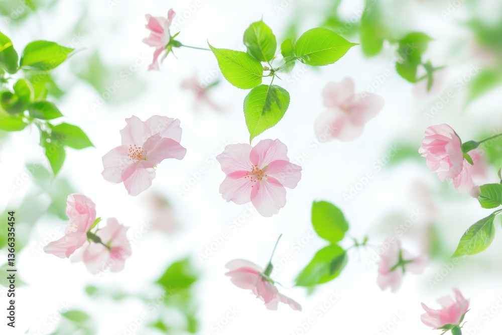 Fototapeta premium 春の淡い色合いの花々が空に舞い上がる光景
