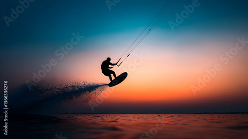 Silhouette of Kitesurfer Jumping at Sunset Over Ocean
