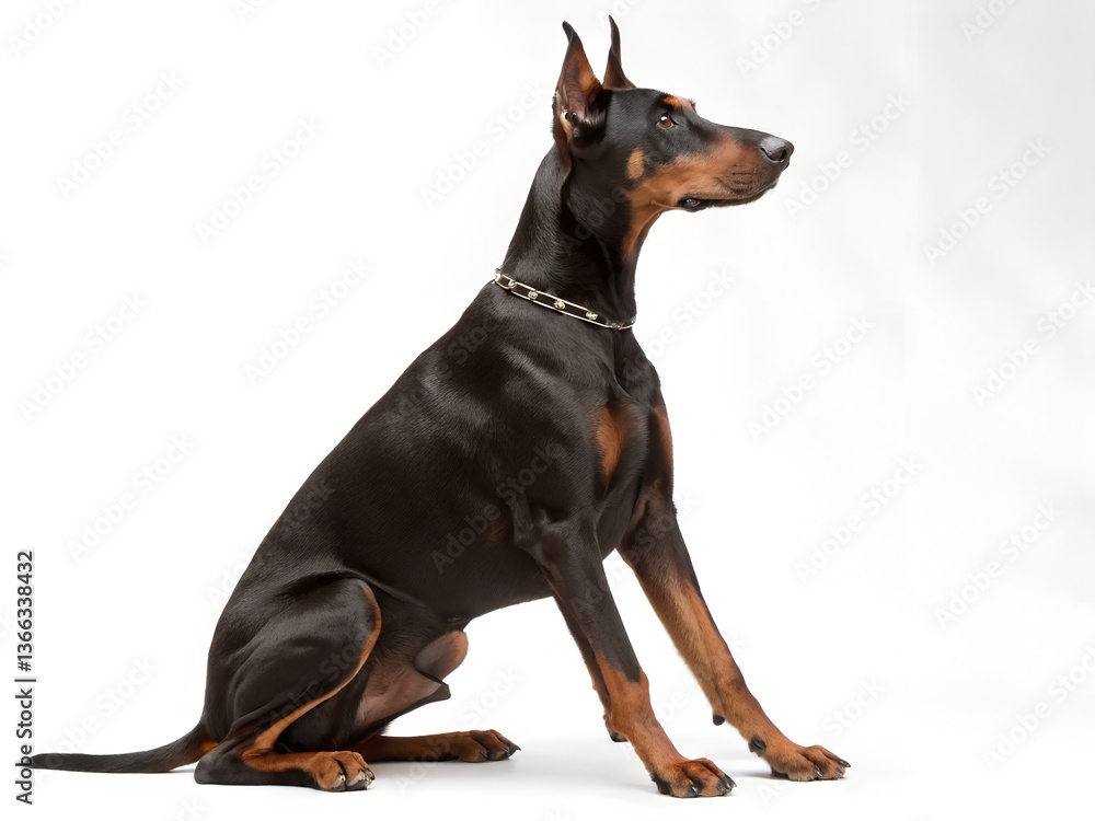 Fototapeta premium Majestic Doberman Pinscher dog breed sitting in a proud pose, showcasing the dog's elegant posture and strong physique on a white background