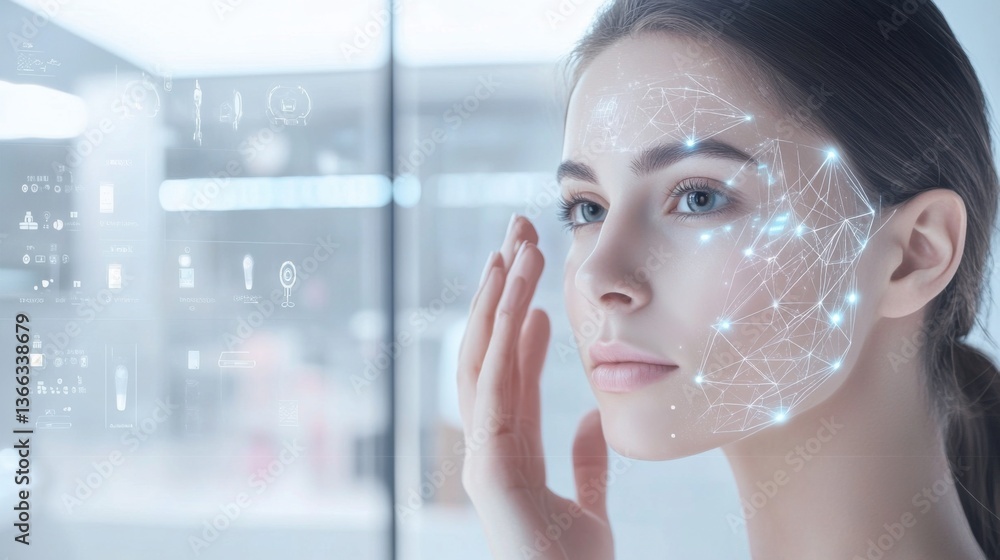 An AI powered system optimizing personalized skincare by analyzing real time facial data and skin condition patterns, futuristic AI-driven beauty analysis station, Health technology style