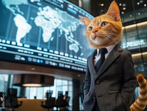 Ginger cat businessman standing in modern office with world map display. Generative ai illustrations