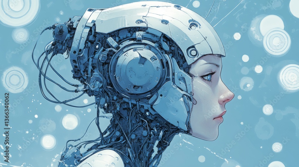 Obraz premium Close-up profile of a humanoid robot, showcasing exposed intricate mechanical components and a sleek design. Dominant blue tones create a serene and advanced technological mood.. AI Generation