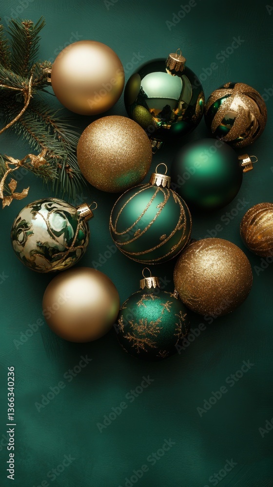 Beautifully arranged gold and green Christmas baubles with glitter and metallic finishes, accented by pine sprigs, set against a deep green background.. AI Generation Beautifully arranged gold and green Christmas baubles with glitter and metallic finishes, accented by pine sprigs, set against a deep green background.. AI Generation