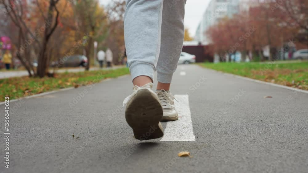 Person in joggers and canvas sneakers walking along white road marking as dry autumn foliage sways with wind, blurred people moving in background, tree-lined path in urban park under cloudy sky Person in joggers and canvas sneakers walking along white road marking as dry autumn foliage sways with wind, blurred people moving in background, tree-lined path in urban park under cloudy sky