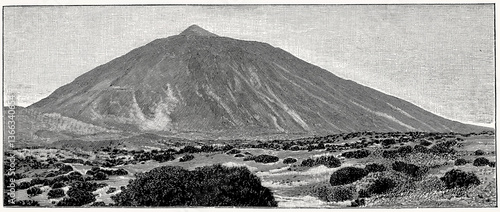 Volcano Teide. Tenerife. Canary Islands. Spain. Antique stylized illustration.